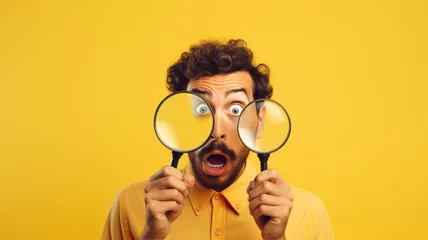 Fotobehang portrait of handsome young man with magnifying glass looking at camera on yellow background © Vahagn