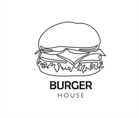 Continuous one line drawing of burger in minimalism design isolated on white background. Burger house concept.