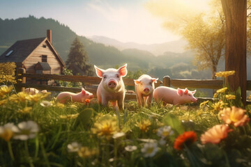 Rural lifestyle concept, farm with pigs goats and sheep - obrazy, fototapety, plakaty