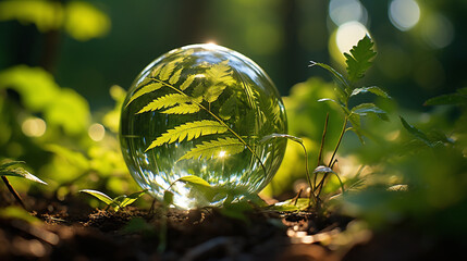 Glaskugel reflektiert grüne Blätter und Lichtspiele in einem Wald, umgeben von Moos und Natur. Magische und friedliche Atmosphäre - obrazy, fototapety, plakaty
