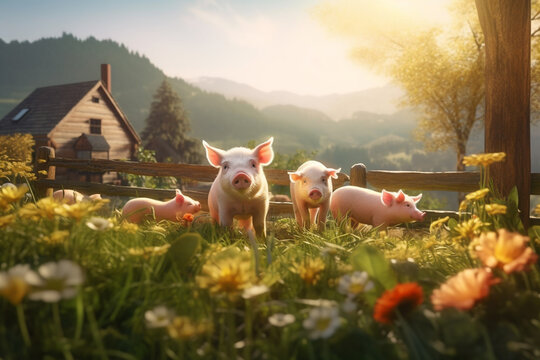 Rural lifestyle concept, farm with pigs goats and sheep