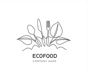 Logo design organic food. Continuous one line drawing of fork, knife, spoon and leafs design icon vector illustration