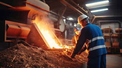 Workers in a biomass power plant feeding wood chips into a furnace for energy production.