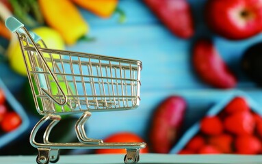 carrito de la compra con productos de consumo de fondo.