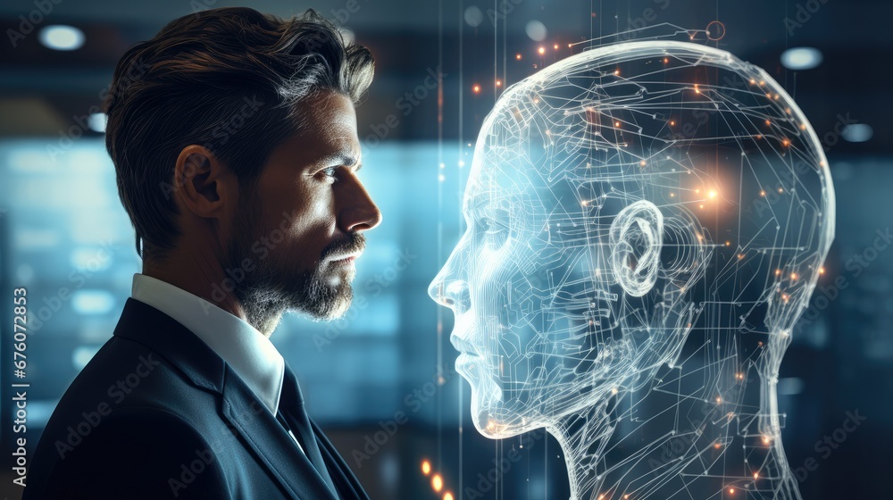 Aufkleber A modern businessperson interacting with an AI assistant through a virtual interface, Include touchscreens, Artificial intelligence chatbot developed by AI.