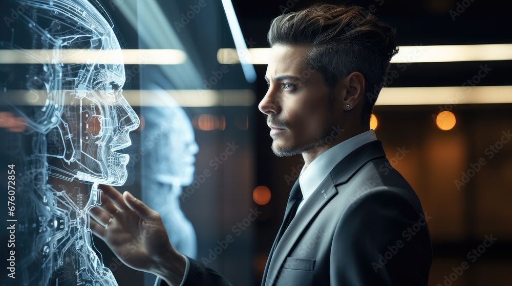 Aufkleber A modern businessperson interacting with an AI assistant through a virtual interface, Include touchscreens, Artificial intelligence chatbot developed by AI.