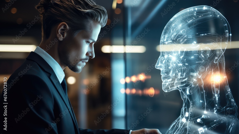 Aufkleber A modern businessperson interacting with an AI assistant through a virtual interface, Include touchscreens, Artificial intelligence chatbot developed by AI.