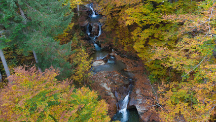 Aerial drone view of a beautiful mountain creak with waterfalls and colorful autumn tree trunks. 