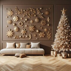 a modern wall in light brown shades, decorated in a New Year's style with golden ornaments, parquet covered with Christmas decorations, a large fluffy Christmas tree, minimalism