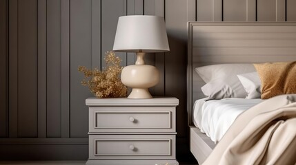 Accent bedside cabinet near bed against wood paneling wall French country interior design of modern bedroom 