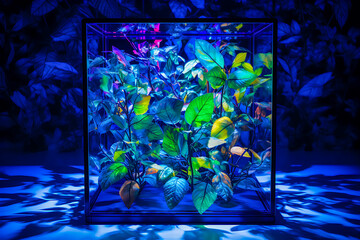 Plant in a glass box with neon light