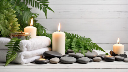 Towel on fern with candles and hot stone on white wooden background. backdrop with copy space