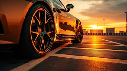 Wheel racing on track at sunset, Racing car racer.