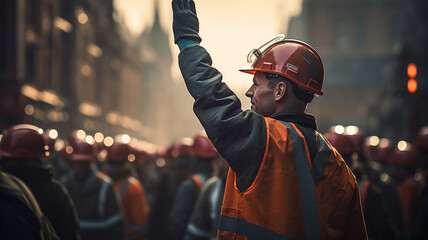 Construction workers and engineers protesting in city streets for better salary and worker conditions - obrazy, fototapety, plakaty