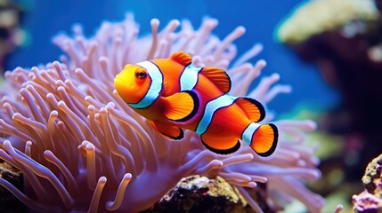 Naklejka na ściany i meble Amphiprion ocellaris clownfish and anemone in sea 