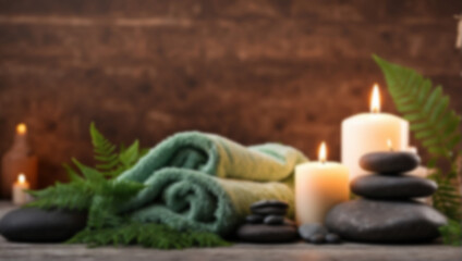 Obraz na płótnie Canvas Blur Towel on fern with candles and hot stone on white wooden background. backdrop with copy space
