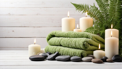 Obraz na płótnie Canvas Towel on fern with candles and hot stone on white wooden background. backdrop with copy space
