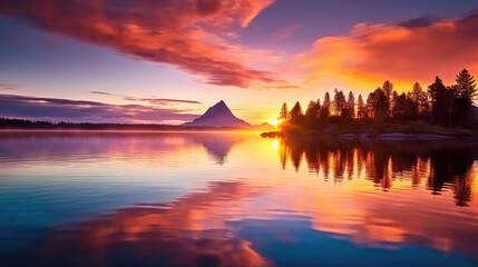 An image of a vibrant sunset over a serene lake with colorful reflections shimmering on the water