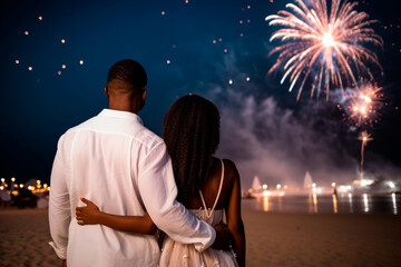 New Year's Eve - Couple celebrating New Year's Eve on the beach, under a starry sky and fireworks.