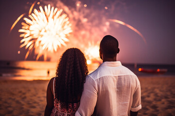 New Year's Eve - Couple celebrating New Year's Eve on the beach, under a starry sky and fireworks. - obrazy, fototapety, plakaty