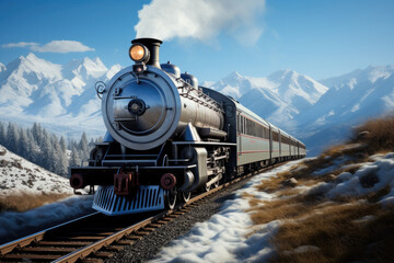 The orient express train moving at speed on the track on a sunny day with mountains in the background.