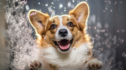 Funny picture of a pembroke Welsh corgi dog washing with shampoo. Dog in a grooming parlor enjoying a bubble bath.