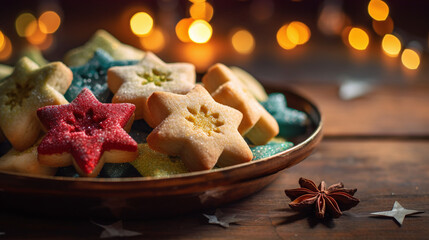 Handverzierte Weihnachtskekse auf silbernem Tablett, umgeben von warmen Lichtern und festlichem Dekor. Perfekt f&uuml;r die Weihnachtszeit