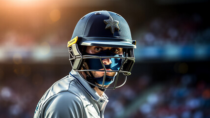 Closeup of a cricket sports player wearing cricket helmet with blurred stadium background