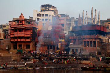 View of the ceremony of the cremation of a unknown Hindu person at Manikarnika Ghat front the...
