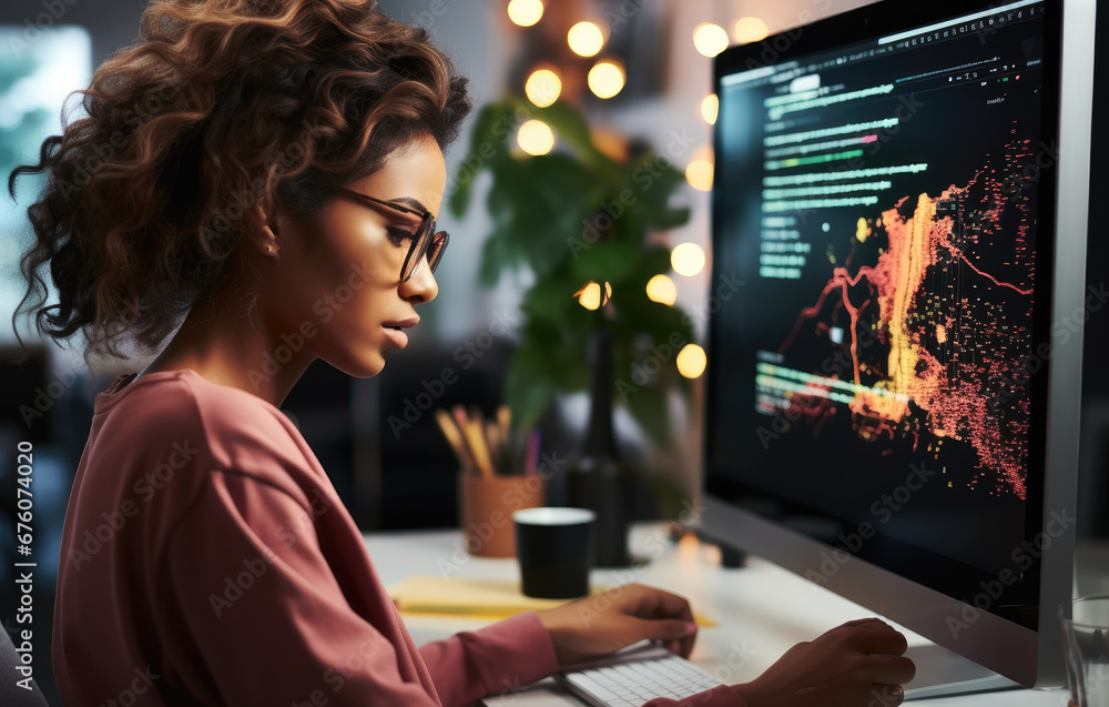 Aufkleber African American woman programing developer checking website design in coder network information at work space.