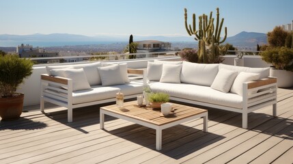 A beautiful terrace setting with a modern furniture set. - obrazy, fototapety, plakaty