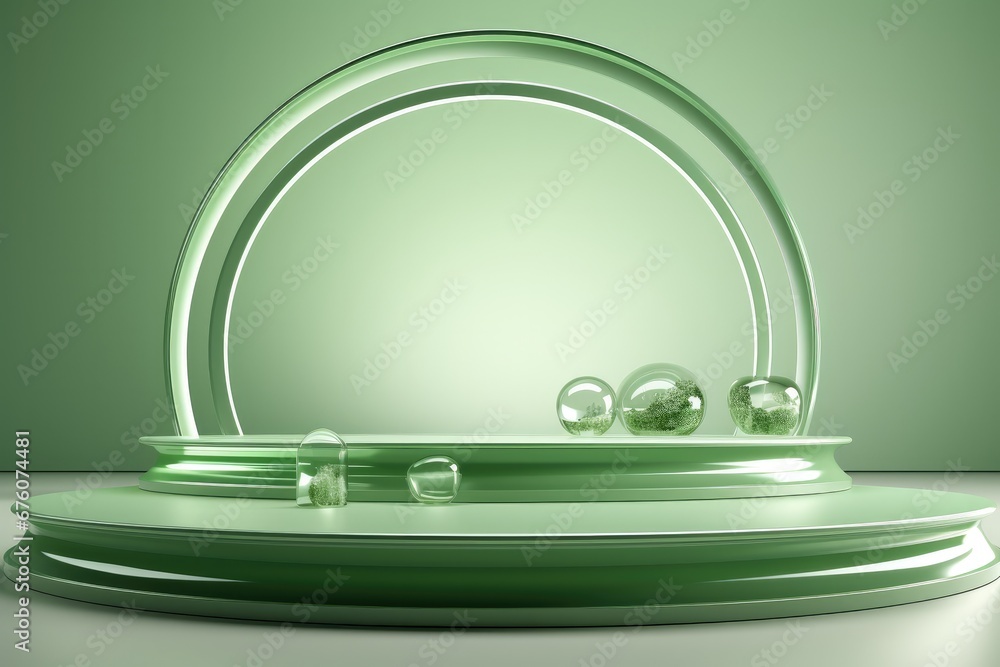 Aufkleber A three-dimensional rendering of a light green abstract stage with circular reflections in a minimalist style.
