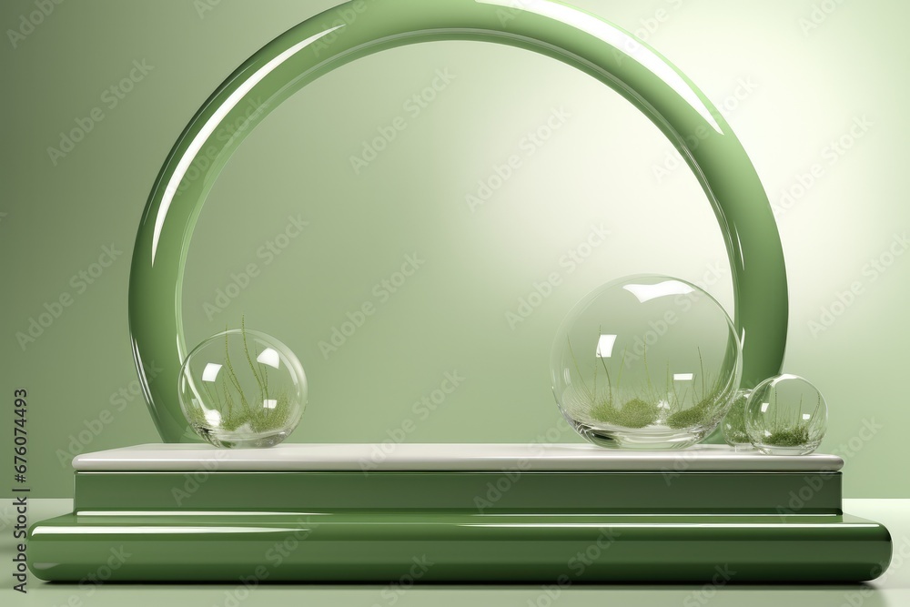 Aufkleber A three-dimensional rendering of a light green abstract stage with circular reflections in a minimalist style.