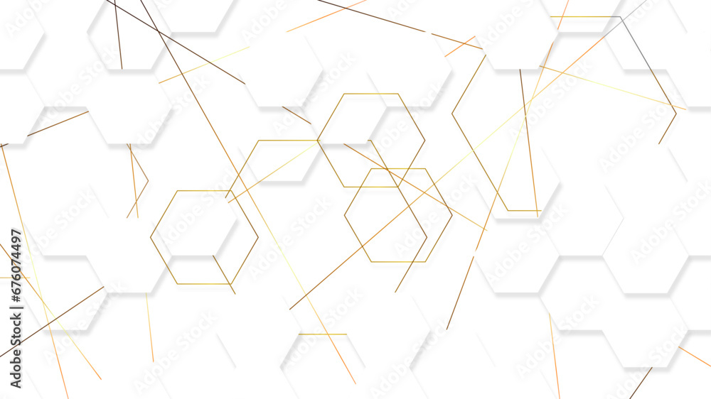 Poster abstract white background with hexagonal honeycomb shape and golden line stroke.