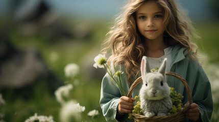 portrait of a beautiful child girl with a rabbit  on the background of a field. natural style, eco. easter concept