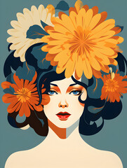 Illustration retro colorful portrait of a beautiful woman with flowers on the head, grey background 
