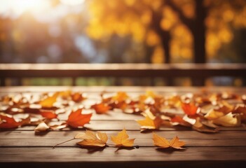 Inviting Autumn Ambiance: Wooden Table Adorned with a Scattering of Warm Leaves