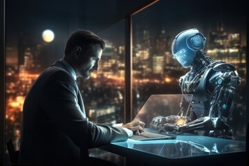 Chat with AI Artificial Intelligence, Businessman using chatbot in computer smart intelligence Ai.
