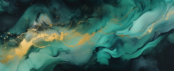 New year 2024 Dragon green and gold colors abstract background of marble liquid ink art painting texture. dark green and gold Alcohol ink artwork watercolor web banner