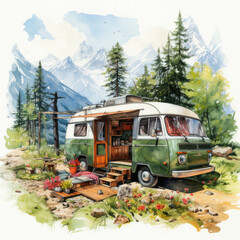 watercolor Camping Summer Mountain clipart, Generative Ai - obrazy, fototapety, plakaty