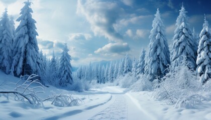 Enchanting winter panorama with glistening snow covered fir branches and delicate snowfall - obrazy, fototapety, plakaty