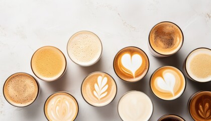 Arrangement of multiple coffee mugs with an overhead view on a pristine white stone table
