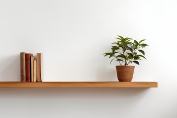Wooden shelf on white wall with plants and books