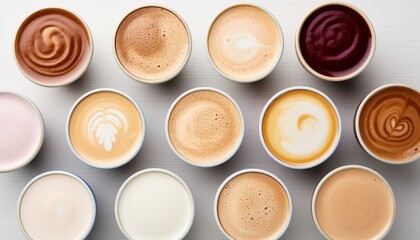 Vibrant coffee mugs with unique designs on white stone table, captivating overhead arrangement