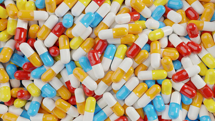 Bunch of various colours white capsule pills on a white background - Medicine healthcare medicaments