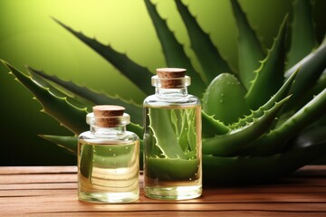 Aloe vera cosmetic oil on wooden background.