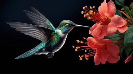  a hummingbird hovers near a flower with its beak open and its wings wide open as it hovers near a pink flower.  generative ai