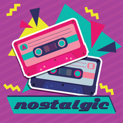 Retro and nostalgic background with pair of cassettes Vector
