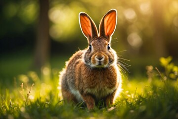 Fototapeta na wymiar Portrait of the Wild Rabbit in the Green Meadow. Wild Nature Reserve, Wildlife Sanctuary. Wild Hare in Sunny Day. Beautiful Animal in the Natural Habitat. Wild Bunny.