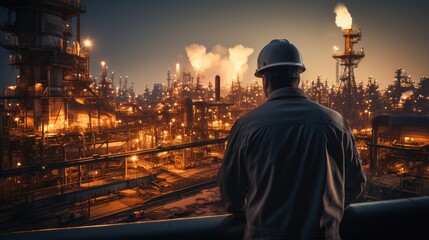 Backside of engineer technician watching team of workers working on high steel platform at refinery.